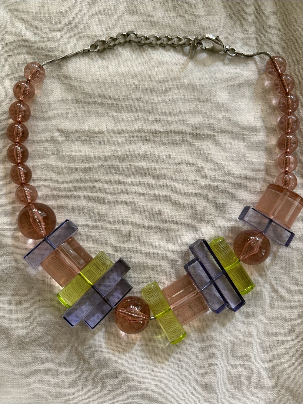Contemporary Pink Bead Necklace with Lime and Lavender Accents